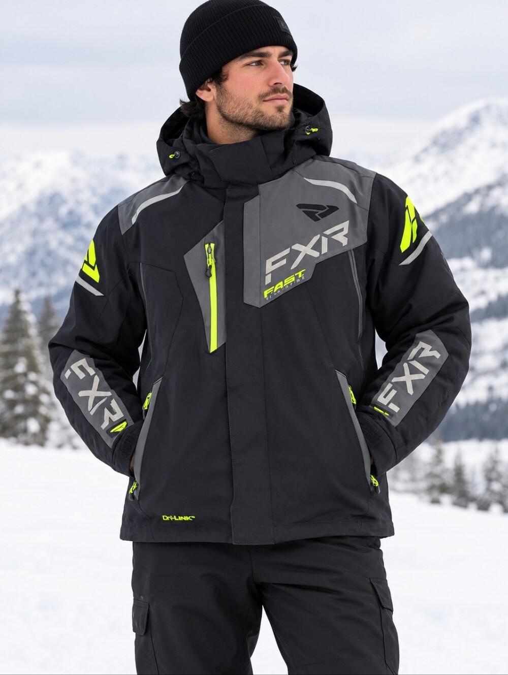 FXR Men’s Black & Gray Winter Snowmobile Ski Jacket Neon Waterproof